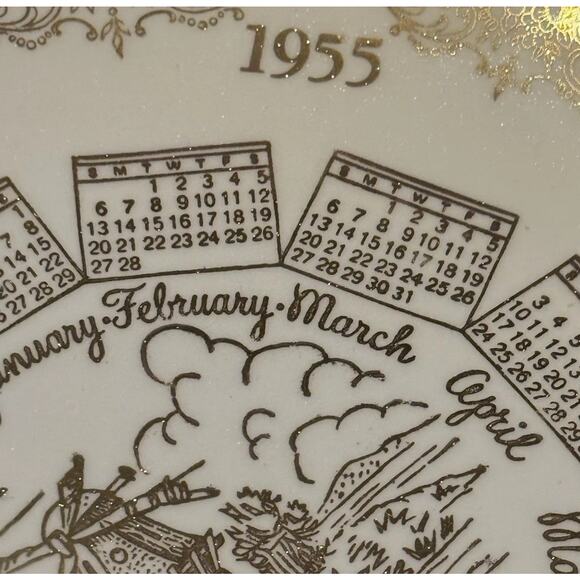 1955 Calendar Plate Floral Designs Windmill Dish Birth Year Dutch Celebration - Picture 1 of 8